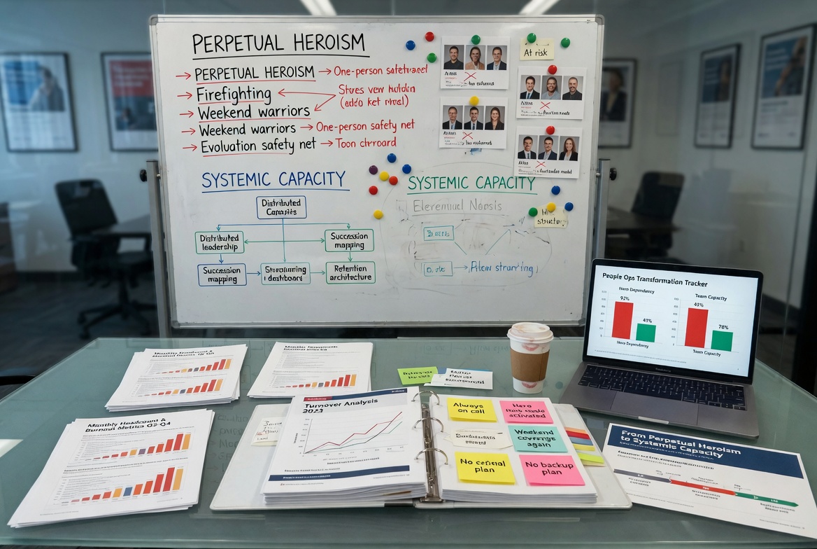 HR transformation whiteboard, perpetual heroism to systemic capacity